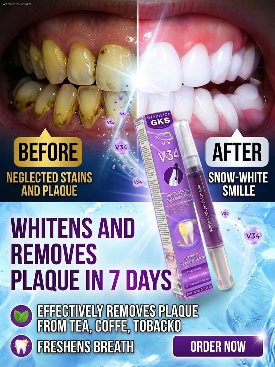 V34 purple tooth whitening pen, intensive gel for removing coffee and smoke stains, concealer for safe smile on enamel, fresh mint