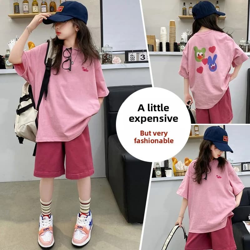 Completo Estivo per Bambine: T-Shirt in Cotone con Stampa Alfabetica e Pantaloncini Tinta Unita, Set Sportivo 2 Pezzi per Scuola, 5-16 Anni