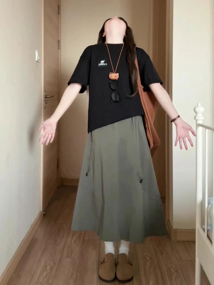 Gonna midi casual ampia stile workwear americano da donna, nuova collezione estiva, taglie forti, che nasconde i fianchi e snellisce, modello a trapezio
