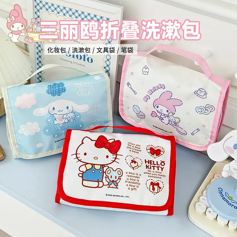 Borsa per trucco pieghevole Sanrio Hello Kitty Borsa da viaggio portatile di grande capacità per la cura della pelle e il lavaggio Borsa per riporre partizioni Regalo per ragazze