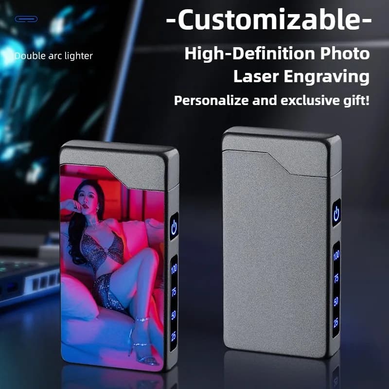 Double Arc Lighter with LED Power Display Windproof Metal Body Type-C Charging Custom Engrave for Outdoor Survival