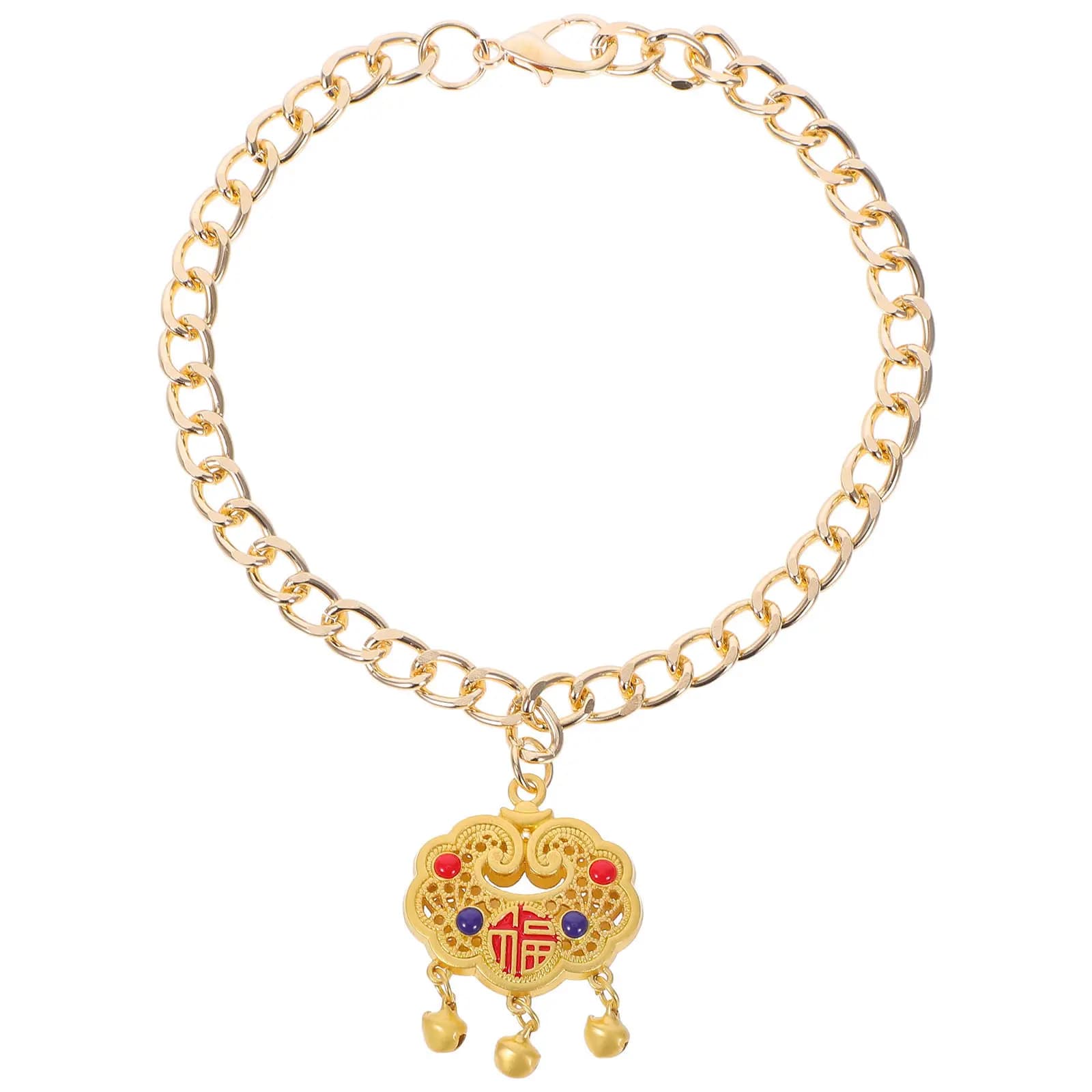 Longevity Lock Pendant Bell Necklace Metal Adjustable Pet Jewelry for Cats Dogs Chinese Style Festive Holiday Collar Charm