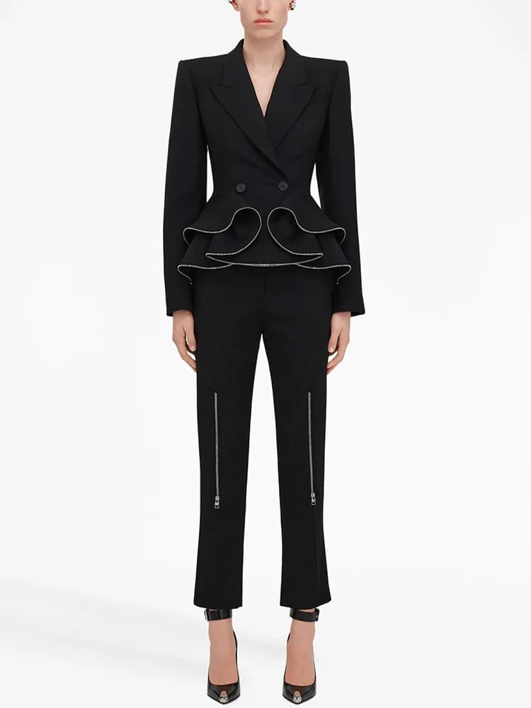 Completo da Donna di Alta Moda 2026, Blazer con Cerniera e Bordo Arricciato, Pantaloni a Sigaretta