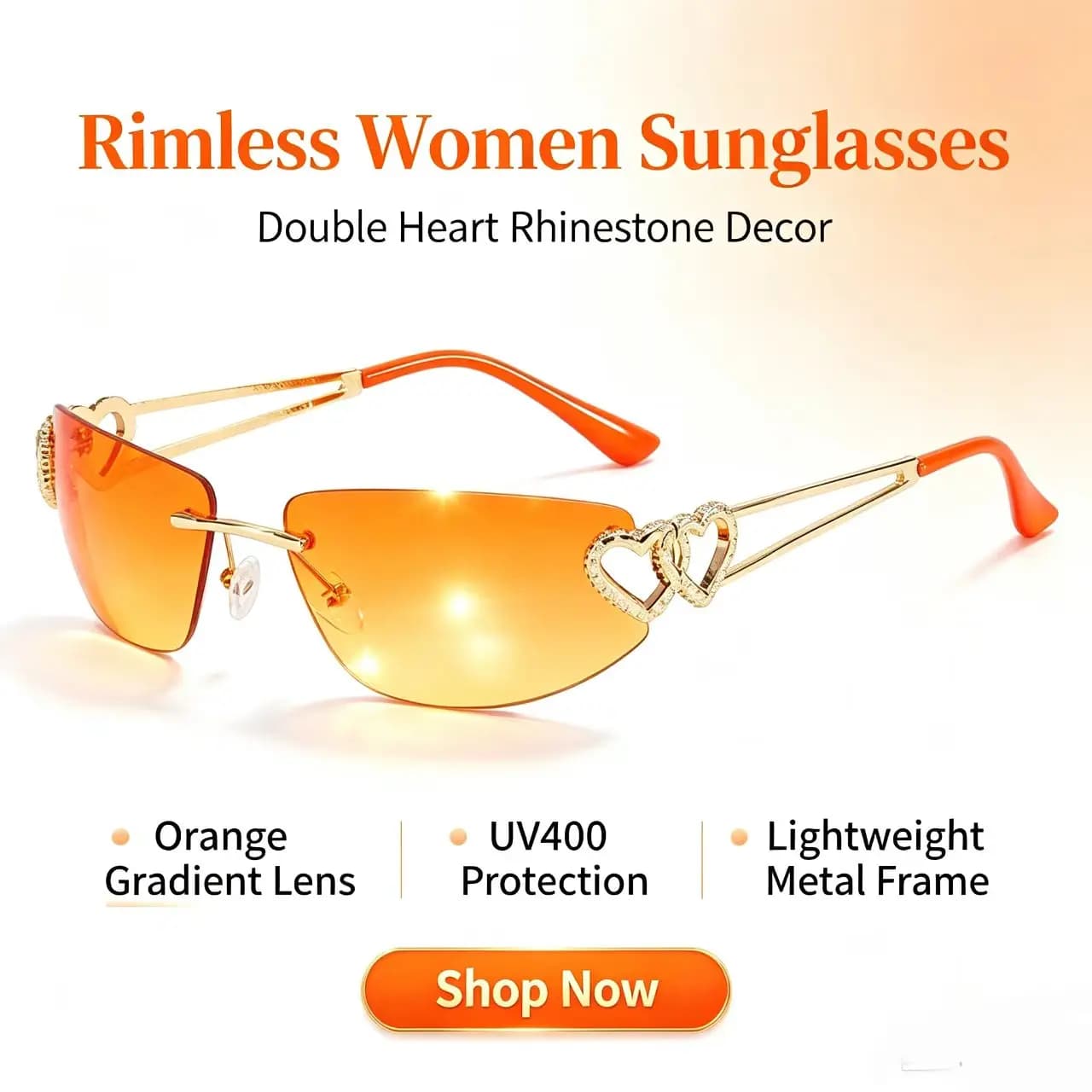 2026New Fashion Rimless Sunglasses for Women Metal Hollow Heart Frame Gradient Eyewear UV Protection Outdoor Driving Sun Glasses