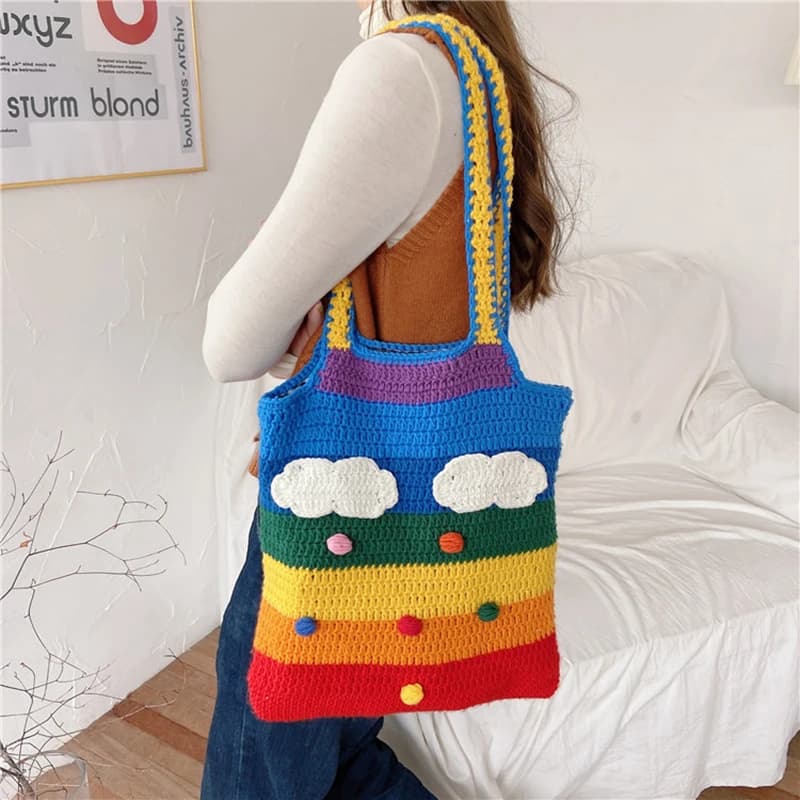 Borsa Arcobaleno Lavorata a Maglia, Borsa a Mano in Filato Morbido, Borsa a Tracolla all'Uncinetto per Donne