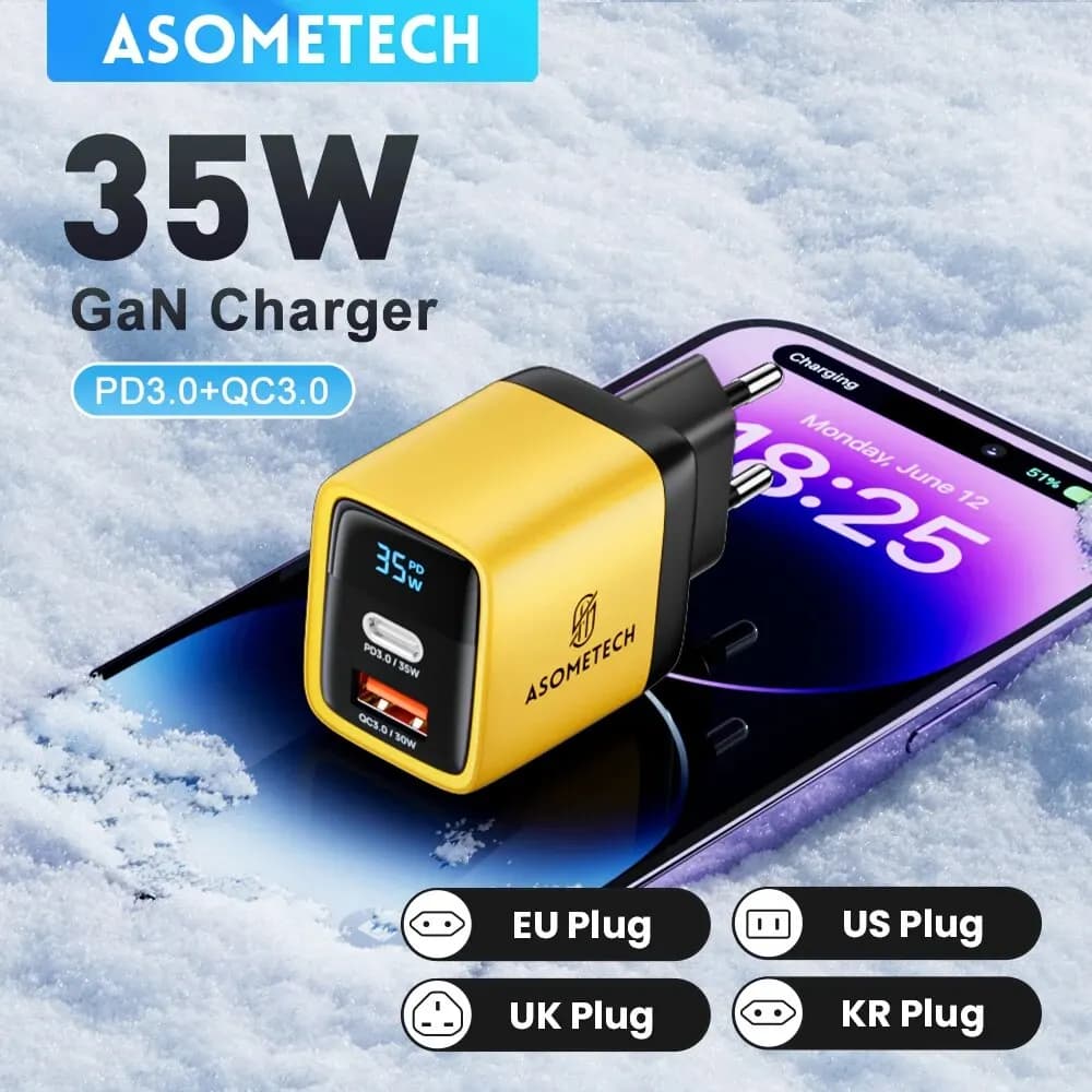 ASOMETECH 35 W GaN Charger LED Display QC3.0 30 W 25 W PD PPS Quick Charging USB Type C Charger for iPhone 14 Pro Samsung S23 Xiaomi