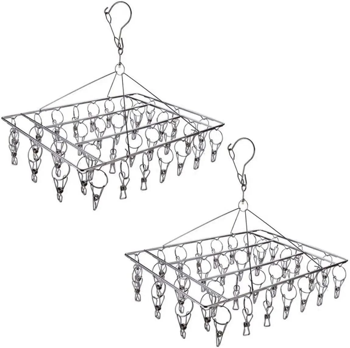 Set di 2 Stendini in Acciaio Inox con 72 Clip, Gancio Girevole Antivento per Asciugare Calzini, Biancheria Intima, Reggiseni, Accessori per Bucato