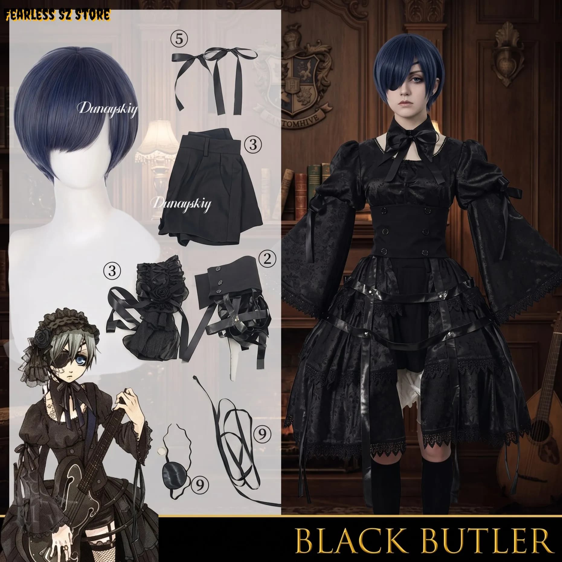 Girl Gothic Dress Halloween Carnival New Black Lolita Ciel Phantomhive Rock band Black Cos Butler Cosplay Costume Uniform party