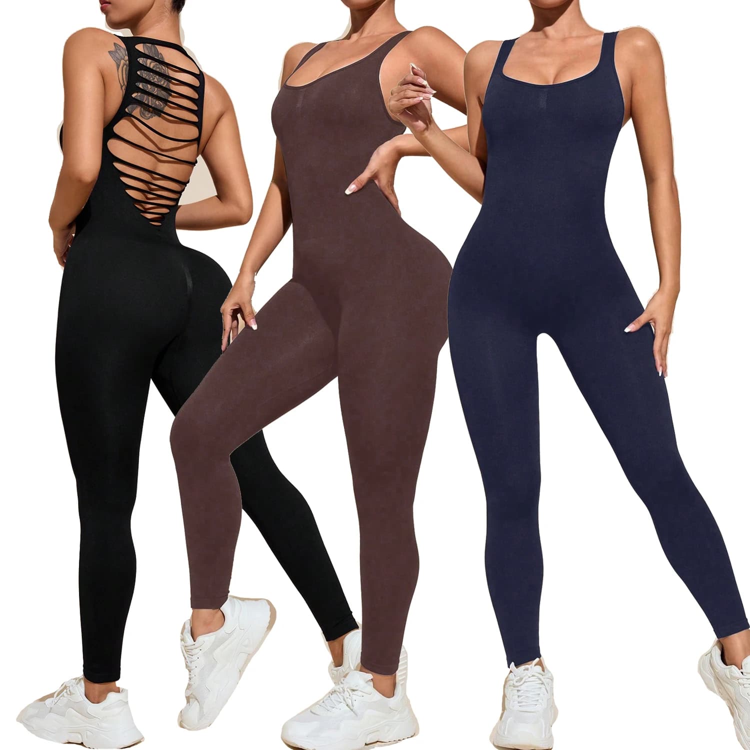 Women Sleeveless Yoga Jumpsuit Hollow Cut Out Multi Strap Back One Piece Bodysuit High Stretch Tight Gym Workout Sport Romper