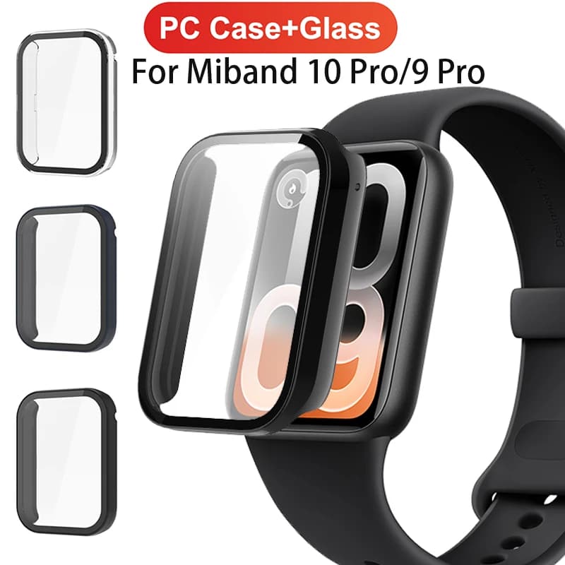 Custodia in PC + Vetro Temperato per Xiaomi Mi Band 10 Pro, Cinturino Smartwatch, Cover Paraurti, Protezione Schermo per Xiaomi Mi Band 9 Pro/10 Pro