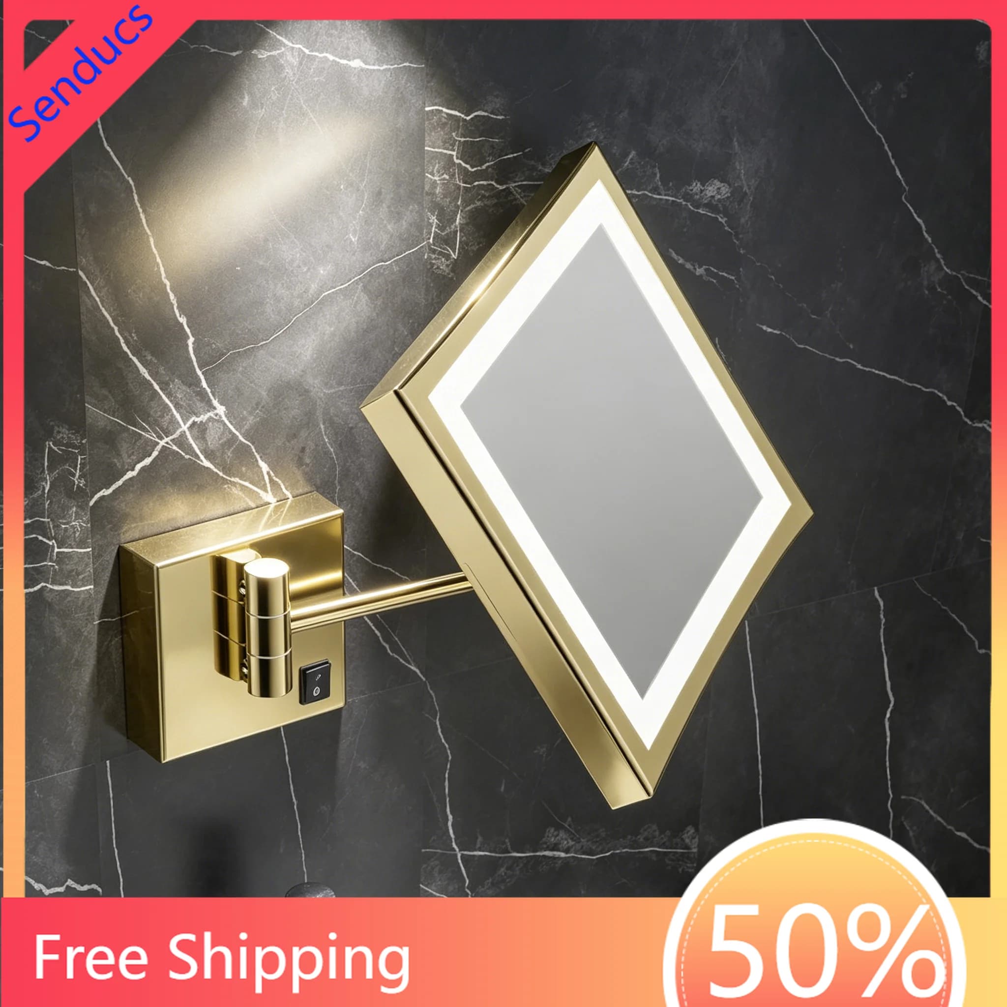 Specchio da Bagno LED con Cornice Nera Quadrata in Ottone, Ingrandimento 3X, Doppio Braccio Estensibile, Luce LED, Specchio Pieghevole per Trucco