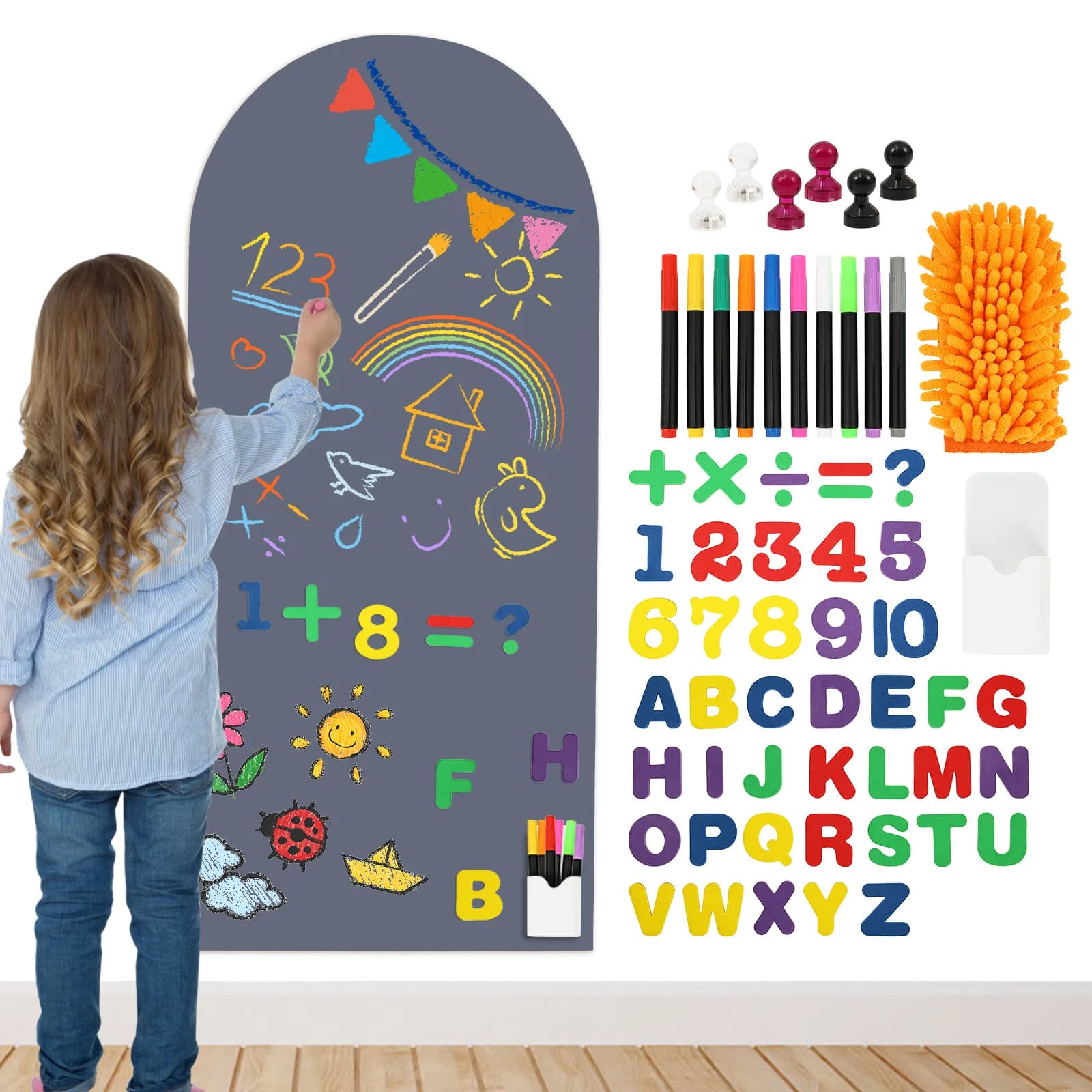 Magnetic Wall Decal for Kids 39.3x17.5 inch Magnetic Wall Decal Arch Chalkboard with Pens Multiple Accessories for Home Playroom