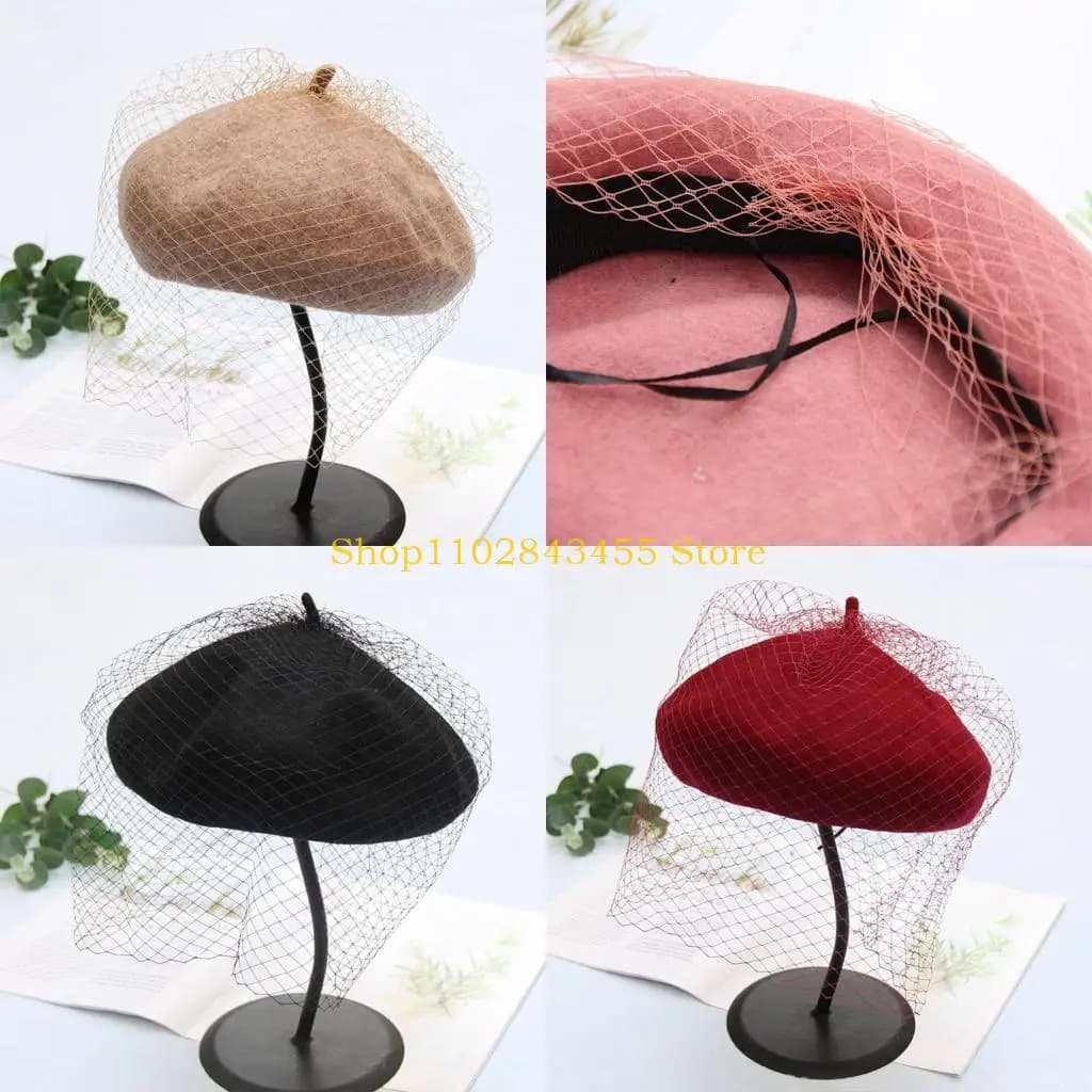 49MC Wool Beret French Artist Pumpkin Hat Simple Solid Color Sweet Mesh Net Veil Beanie Cap Fall Winter for Adults Women