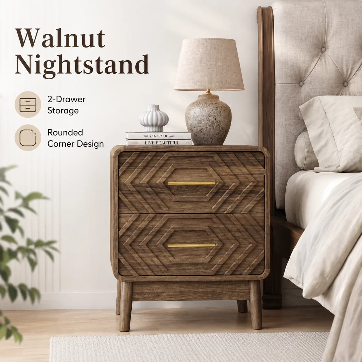 2 Drawer Nightstand Walnut Bedside Table Storage Cabinet Mid Century Modern Bedroom Furniture Gold Metal Handles Solid Wood Legs