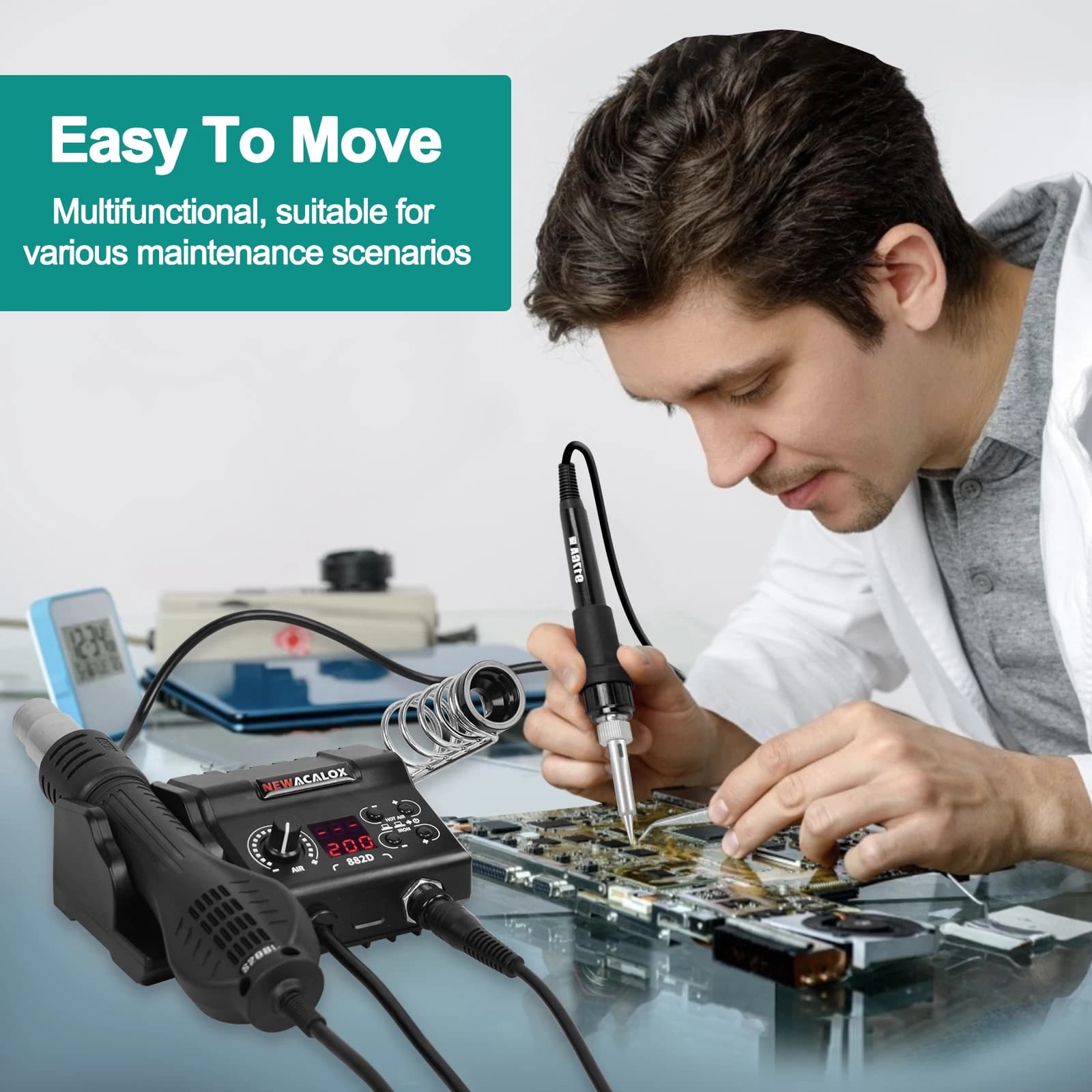 882D Soldering Iron Station 2-IN-1 SMD Hot Air Rework Station with 3 Hot Air Nozzles, Soldering Iron Stand, Heat Gun Holder