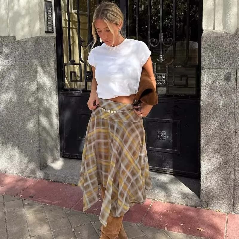 YENKYE Donna Nuovo Design Orlo asimmetrico A-line Gonne longuette scozzesi a vita media Gonne sottili mujer
