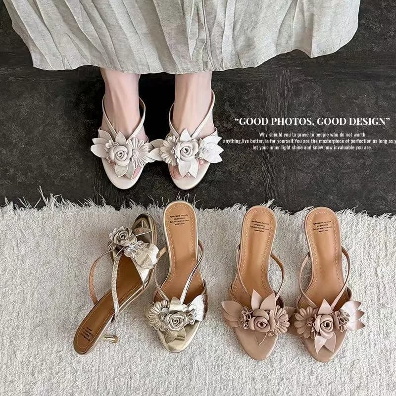 2026 new summer women sandals natural leather 22-25cm soft sheepskin+pigskin+cowhide flower mules high heel women slippers