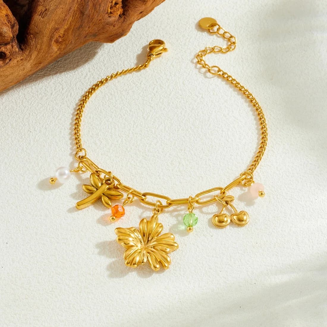 Stainless Steel Golden Flower Dragonfly Cherry Colored Crystal Pearl Bracelet Women Fashion Hand Chain Jewelry