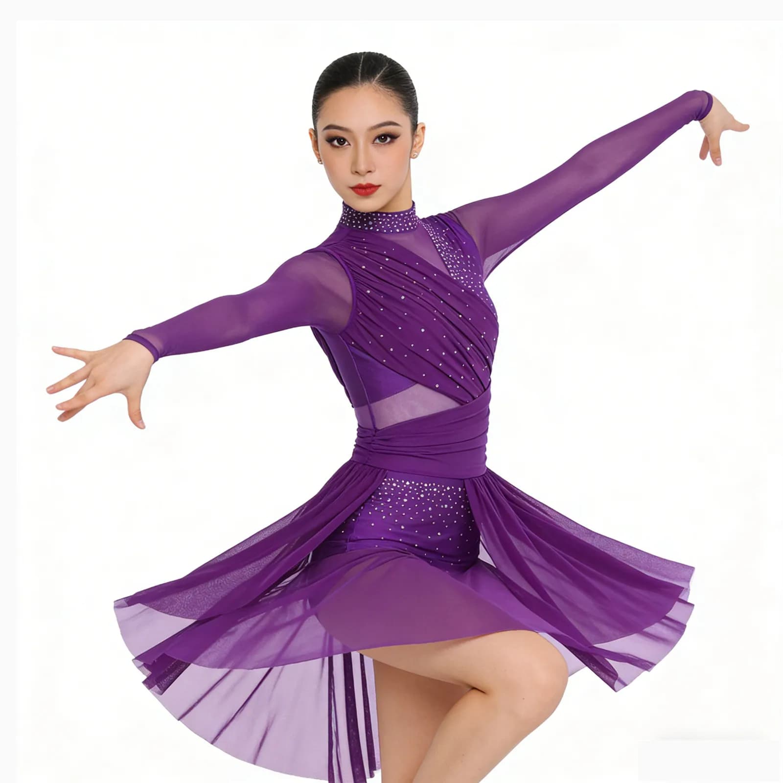 Abito da ballo lirico per balletto con strass scintillanti da donna, ginnastica, pattinaggio di figura, body increspato, costumi di danza contemporanea