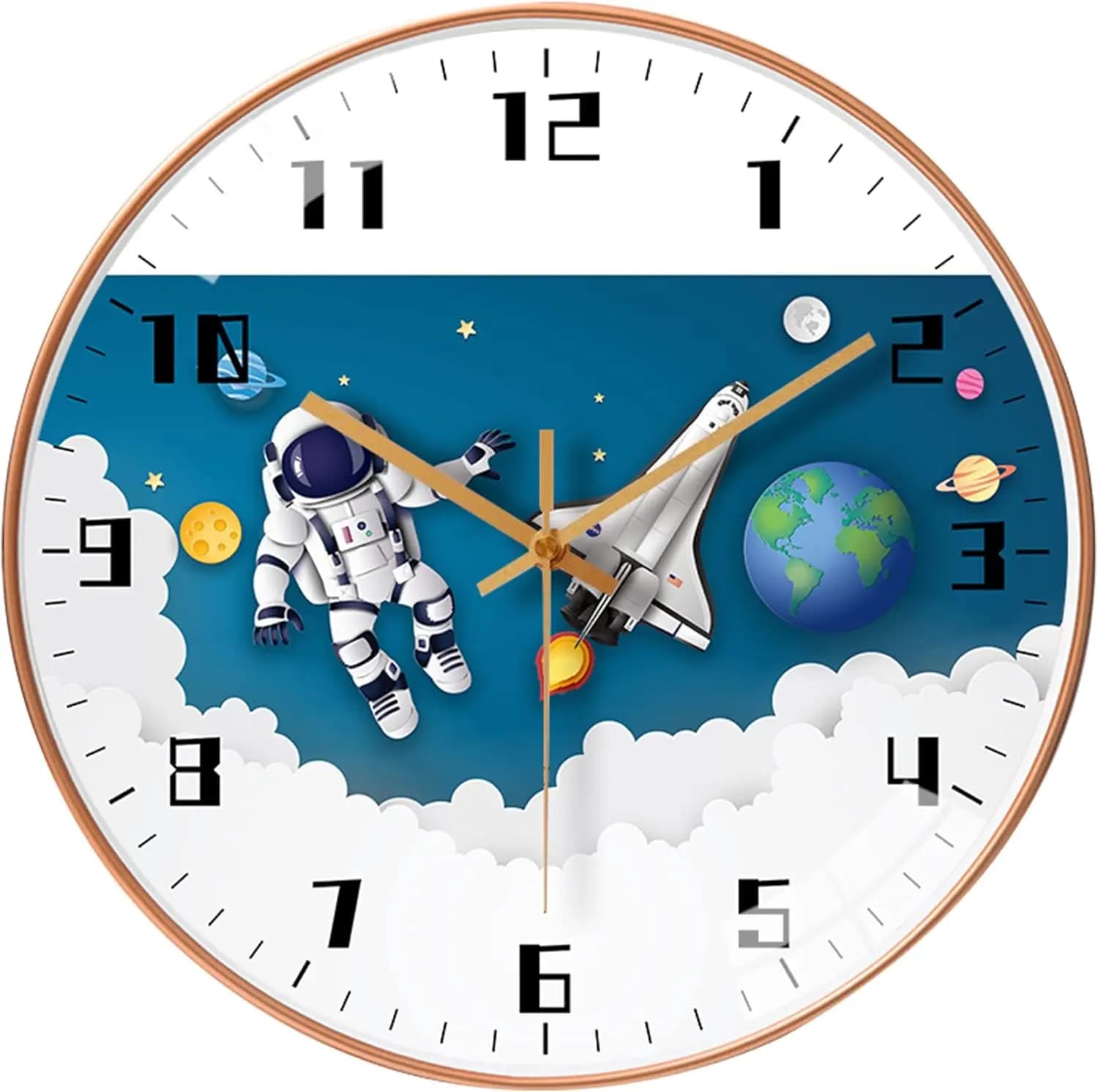 Orologio da Parete Silenzioso da 12 Pollici per Bambini - Tema Spaziale con Pianeti, Numeri Grandi - Funzionamento a Batteria, Bianco