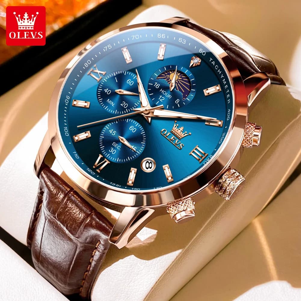 OLEVS 9812 men's fashion watch with original quartz movement 30m leather strap Men's watch with waterproof light moon phases