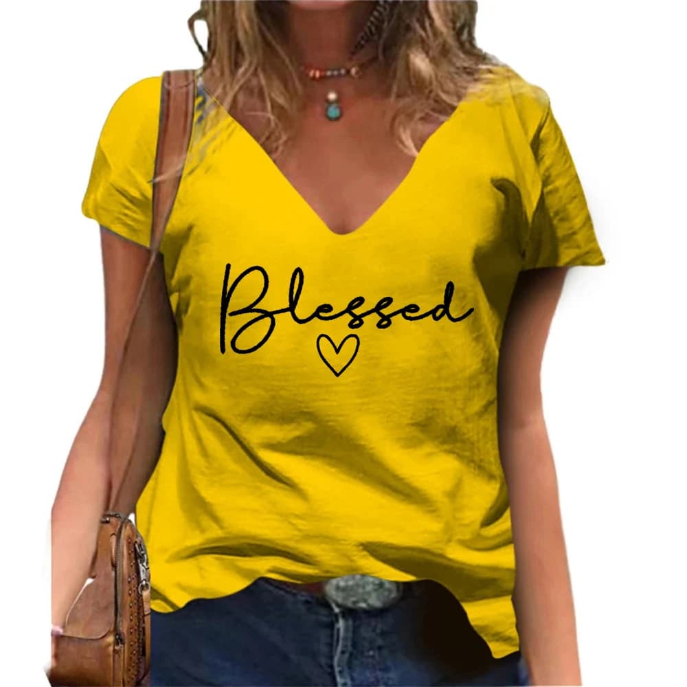 T-shirt con scollo a V stampata benedetto casual a maniche corte Moda donna Streetwear Scollo a V oversize