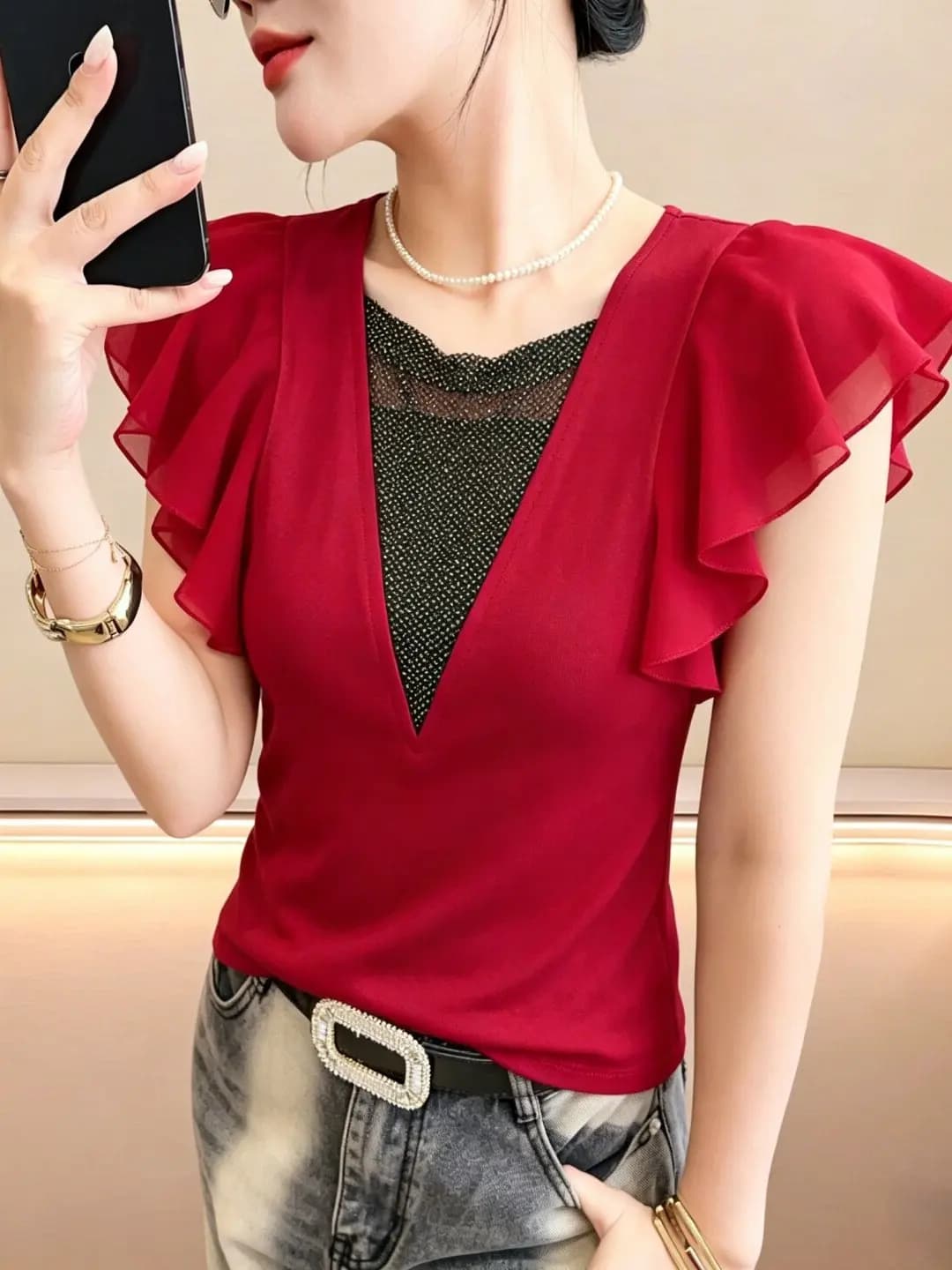 T-shirt a maniche corte alla moda da donna, nuovo stile estivo, blusa con strass, effetto snellente, design floreale sulle maniche