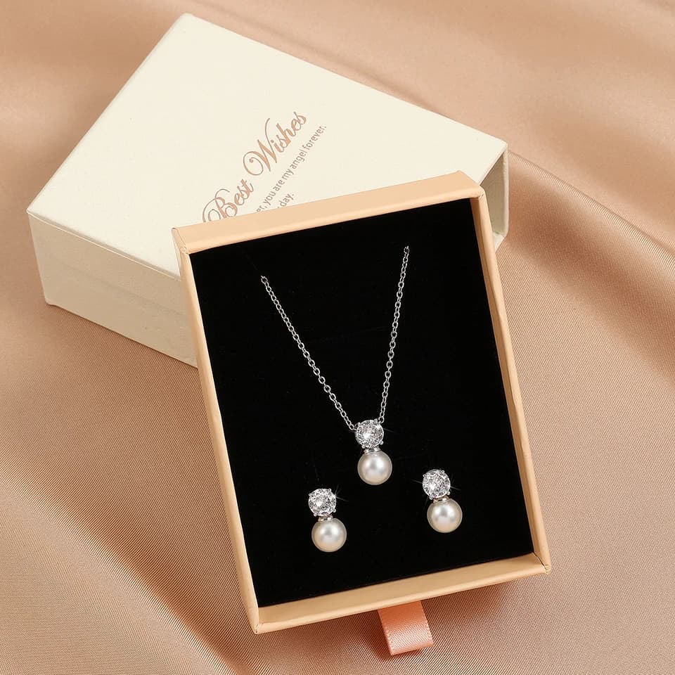 ZAKOL Simple Fashion imitazione orecchini di perle collana Set di gioielli con scatola AAA zircone Ear Neck accessori regalo di compleanno per donna