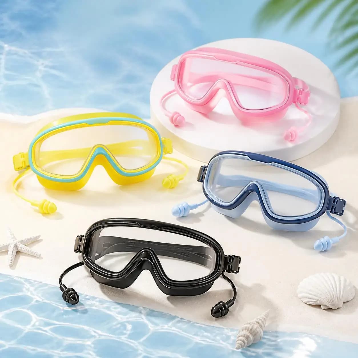 Unisex Large Frame Swim Goggles Built‑in Silicone Earplugs Black White Pink Blue for Adults & Kids Pool Beach Snorkeling