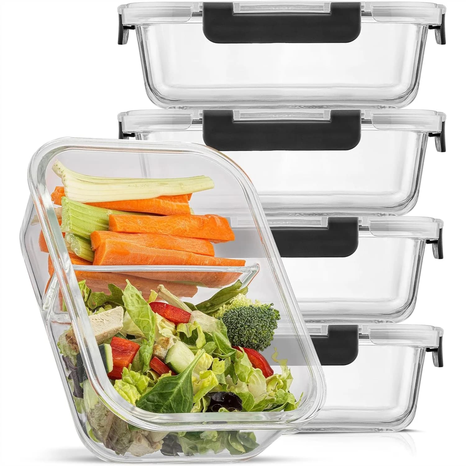 Contenitori in Vetro per Preparazione Pasti con 2 Scomparti e Coperchi Ermetici, Set da 5 Scatole Bento Riutilizzabili per il Controllo delle Porzioni