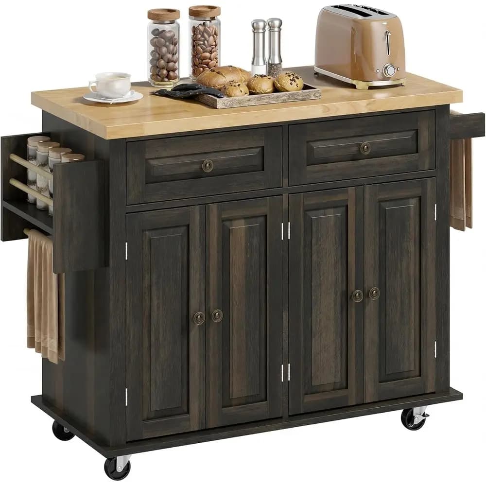 Carrello da Cucina Mobile 44 con Piano in Legno Massello, Armadietto Contenitore, Cassetti, Ripiani Regolabili, Porta Spezie e Porta Asciugamani, Marrone Oa