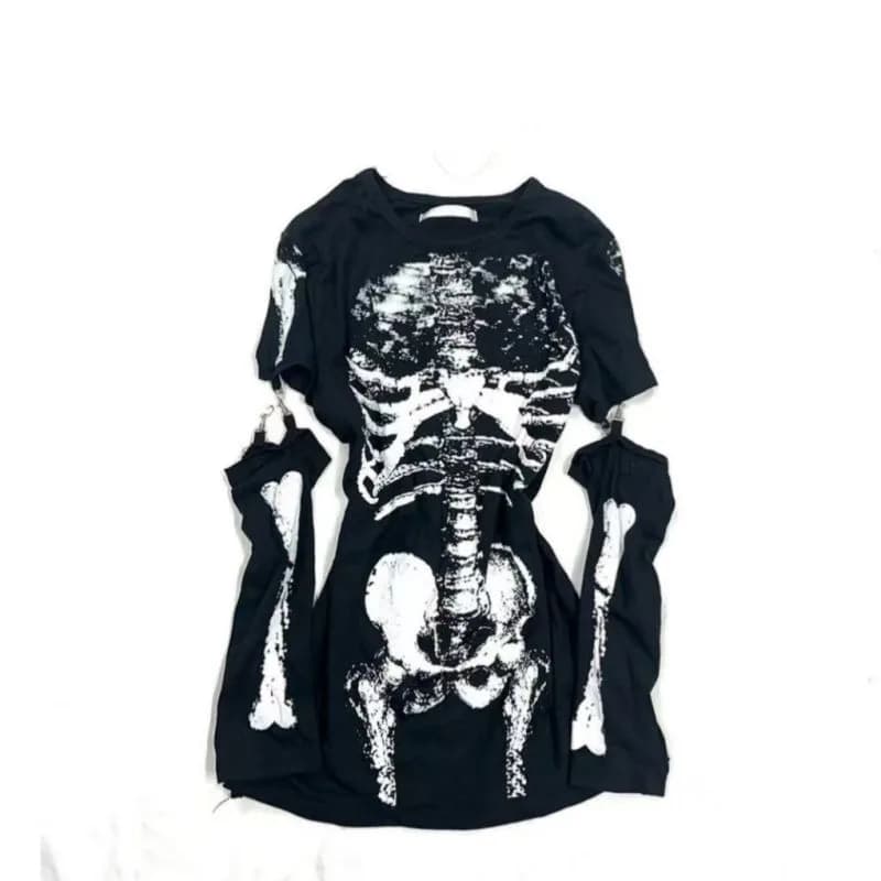 T-shirt Gotica con Grafica Scheletro e Maniche Staccabili Donna, Stile Subculturale Giapponese Anni 2000 Y2K, Top Larghi Vintage, Magliette Moda Nuove