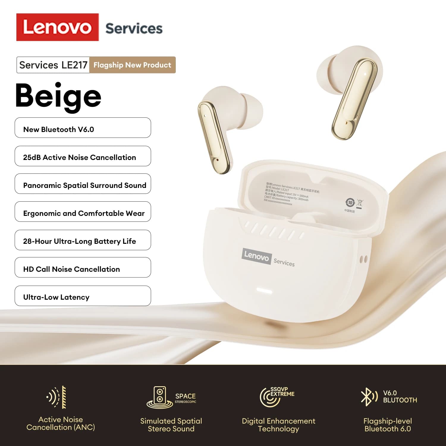 Lenovo LE217 TWS ANC Auricolari wireless Bluetooth 6.0 ANC Auricolari con riduzione del rumore Cuffie con audio stereo Latenza ultra-bassa di 38 ms