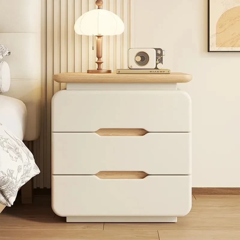 Comodino Moderno Effetto Legno Crema con 2/3 Cassetti, Maniglia Nascosta, Mobile Contenitore in Legno Massello per Camera da Letto