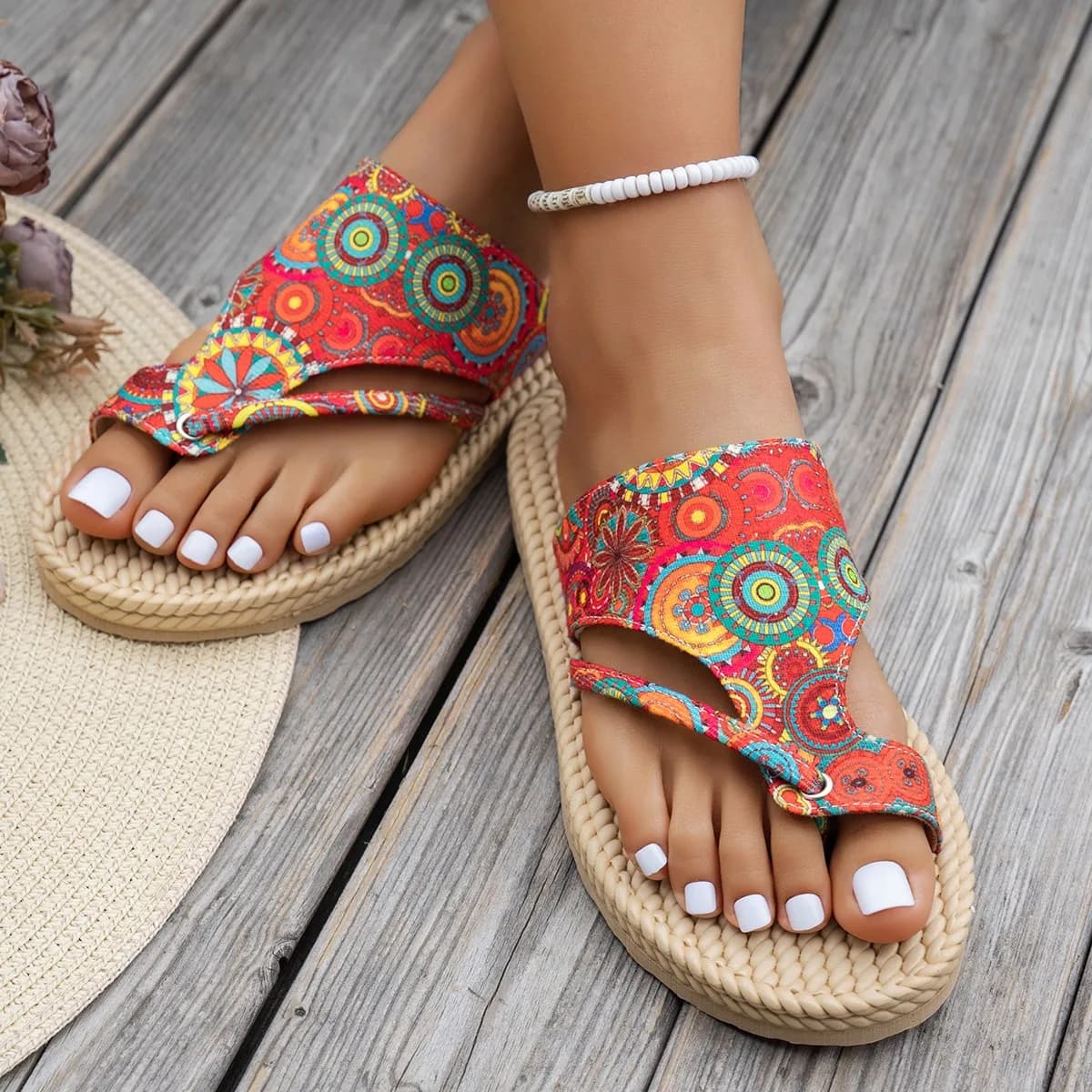 Ciabatte da Donna Etniche Leggere, Sandali con Plateau alla Moda, Scarpe da Spiaggia Colorate con Punta Aperta, Ciabatte Estive da Donna