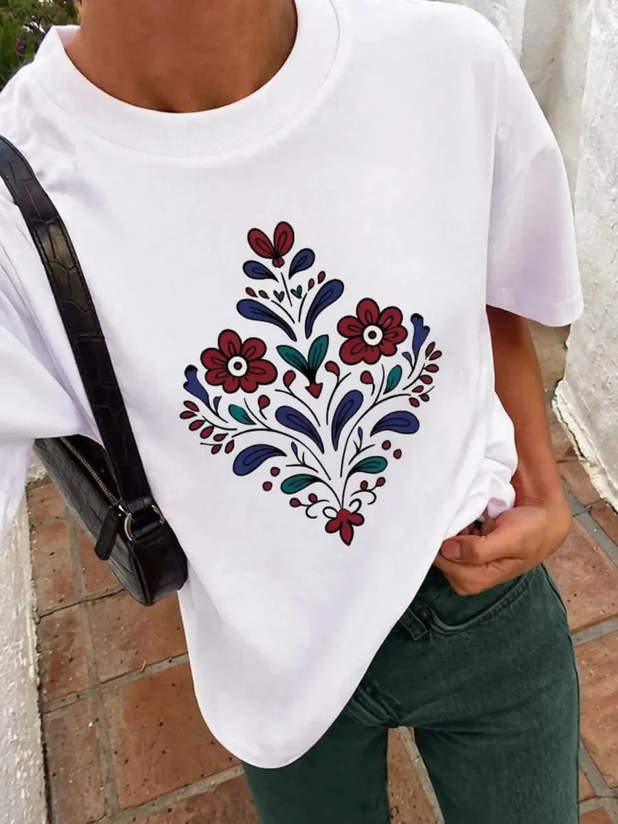 T-shirt 100% cotone a maniche corte da donna, nuova collezione estiva, top casual americano con stampa floreale, stile hip-hop per il tempo libero