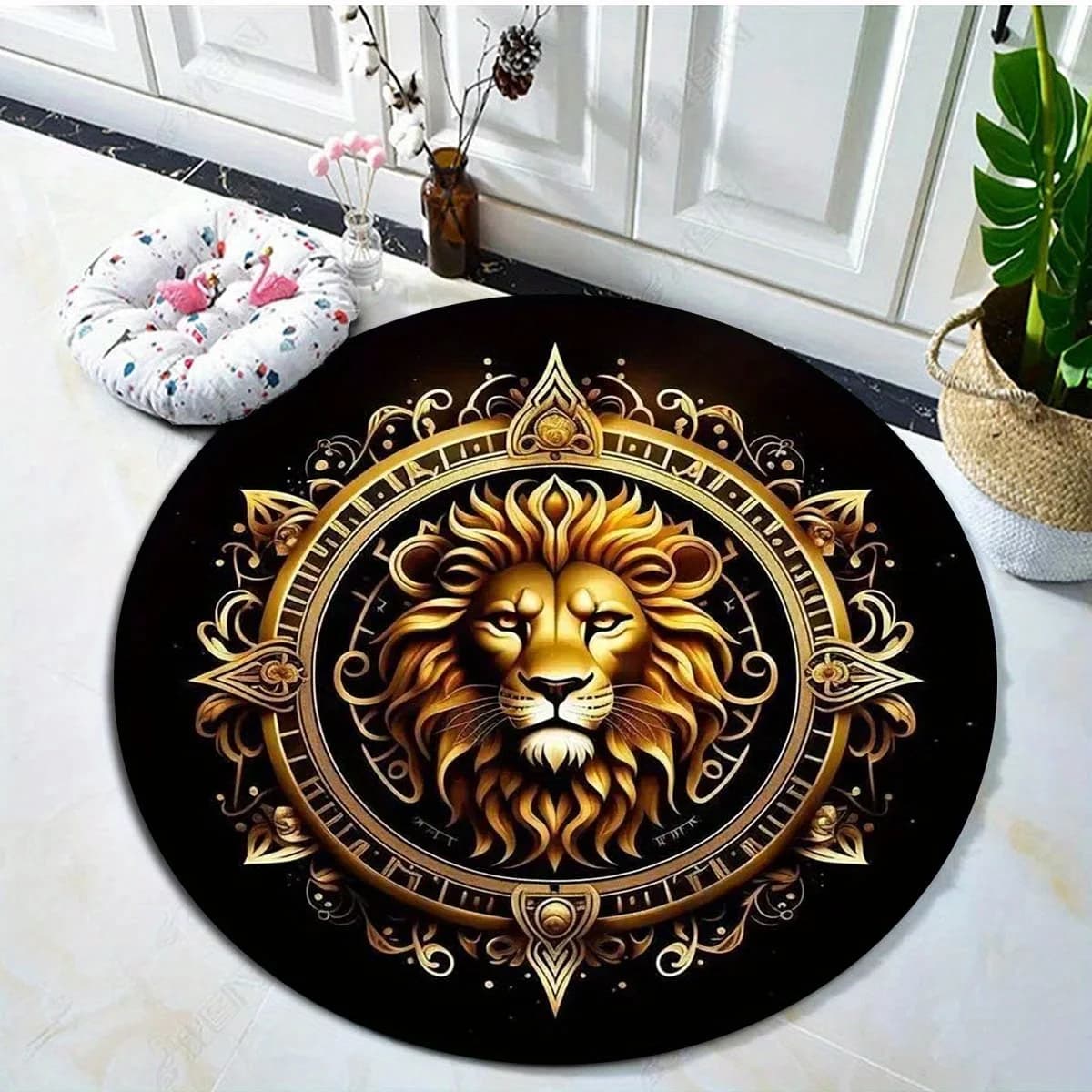 Tappeto in Flanella con Mandala di Leone Dorato 3D, Tappeto Stampato Decorativo per Interni, Morbido e Antiscivolo per Soggiorno e Camera da Letto