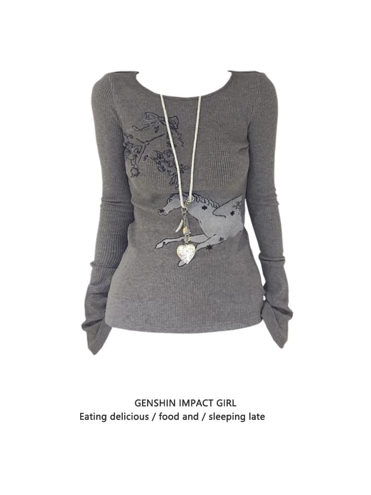 Grey Soft Angel Print round Neck Slim Fit T-Shirt Women's Sweet Spicy Girl Slimming Long Sleeve Base Shirt