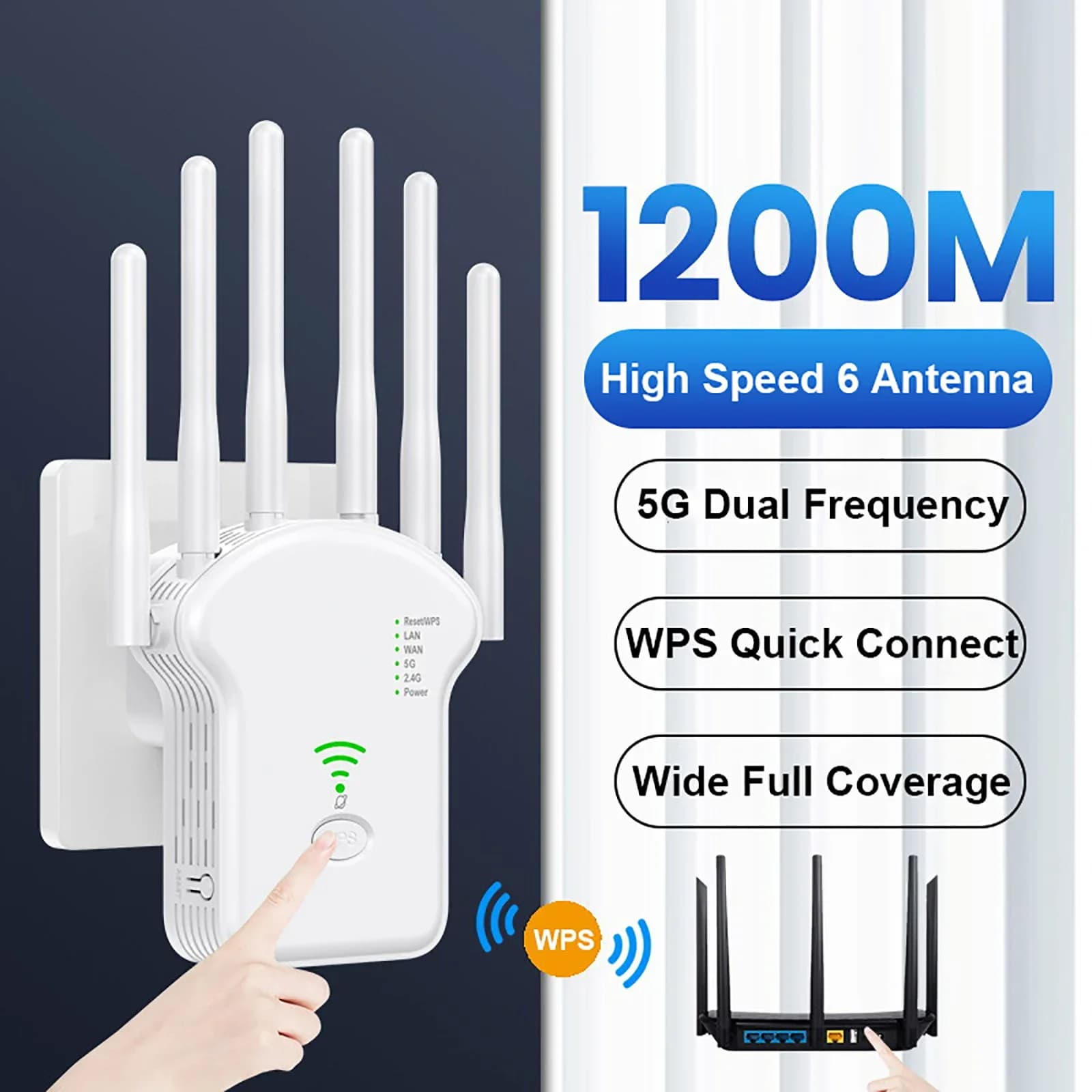 Ripetitore WiFi 1200Mbps con 6 Antenne, Amplificatore di Segnale Wireless a Lungo Raggio, Estensore di Rete, Amplificatore di Copertura WiFi