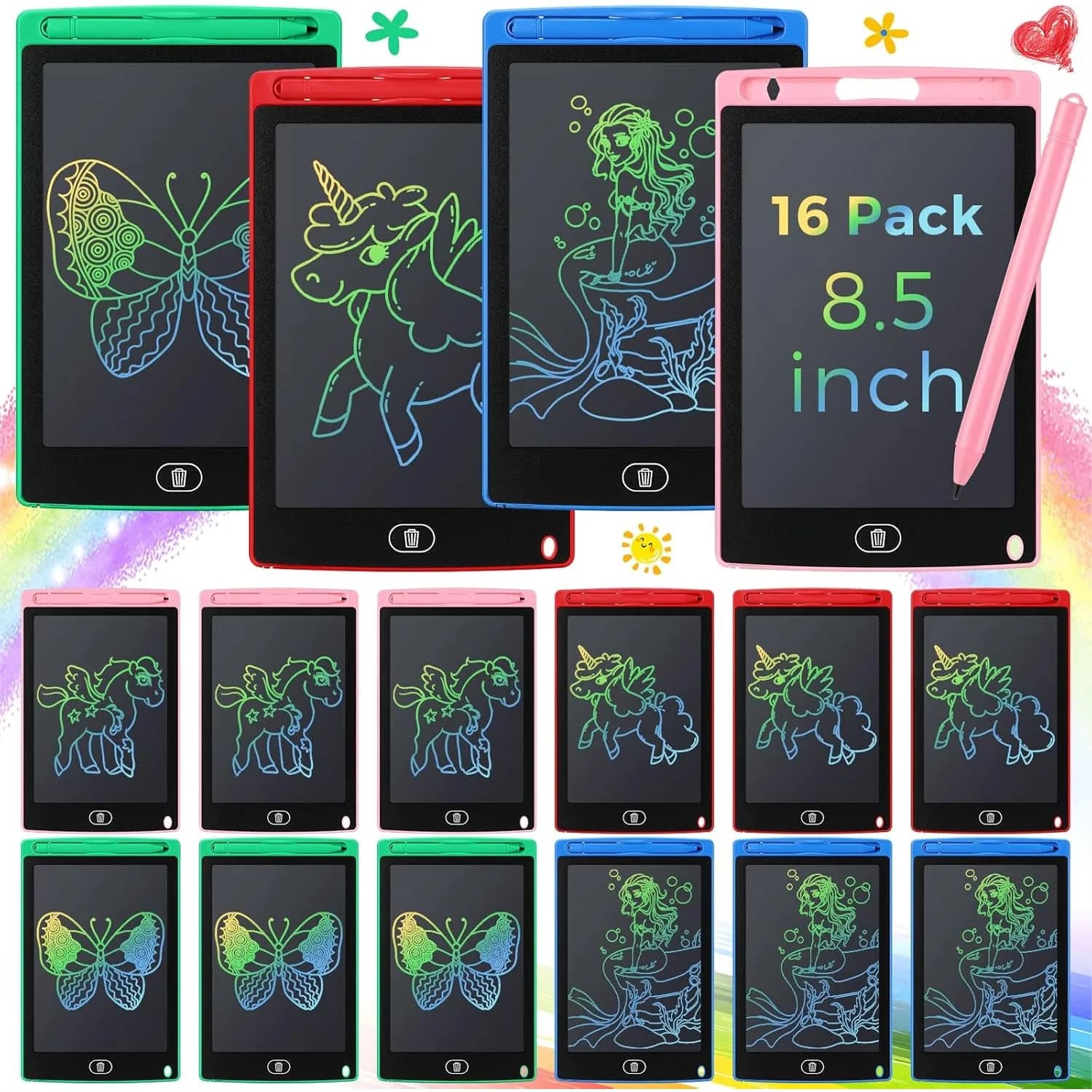 Set di 16 Tavolette LCD per Bambini da 8,5 Pollici, Lavagna Digitale Riutilizzabile con Cancellino, Giocattolo Portatile da Viaggio per Ragazzi e Ragazze