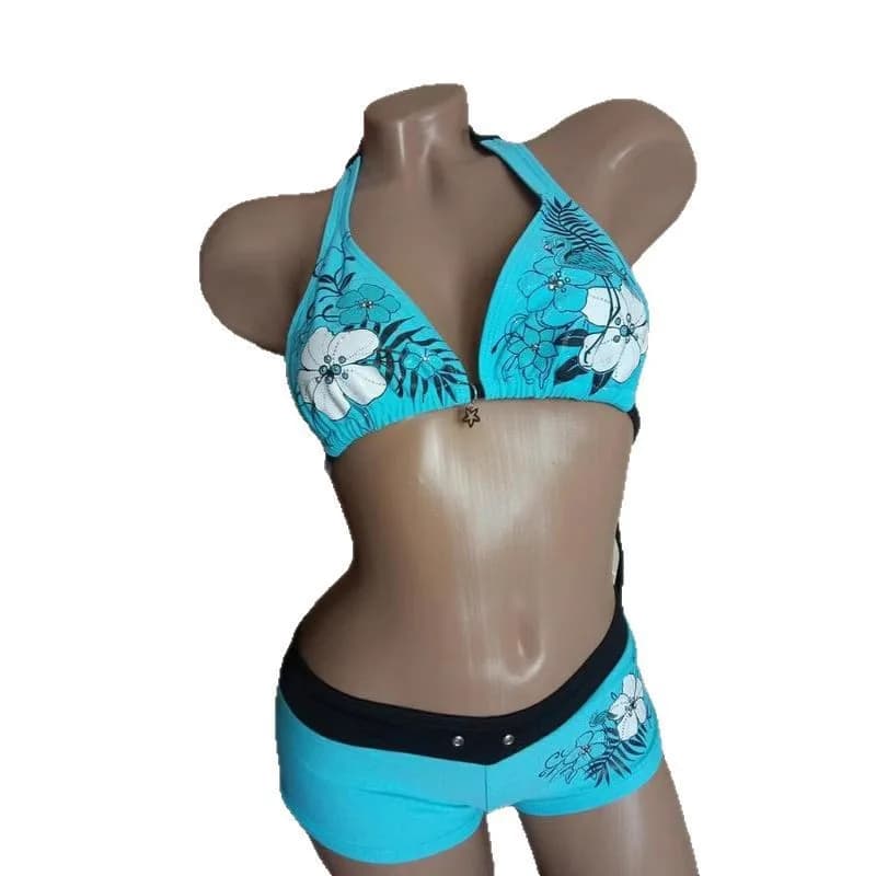Vest Shorts Split Two Piece Beach Swimming Vintage Sky Blue Aesthetic Casual Flower Printed Holiday Sexy Spice Girl Trend Bikini