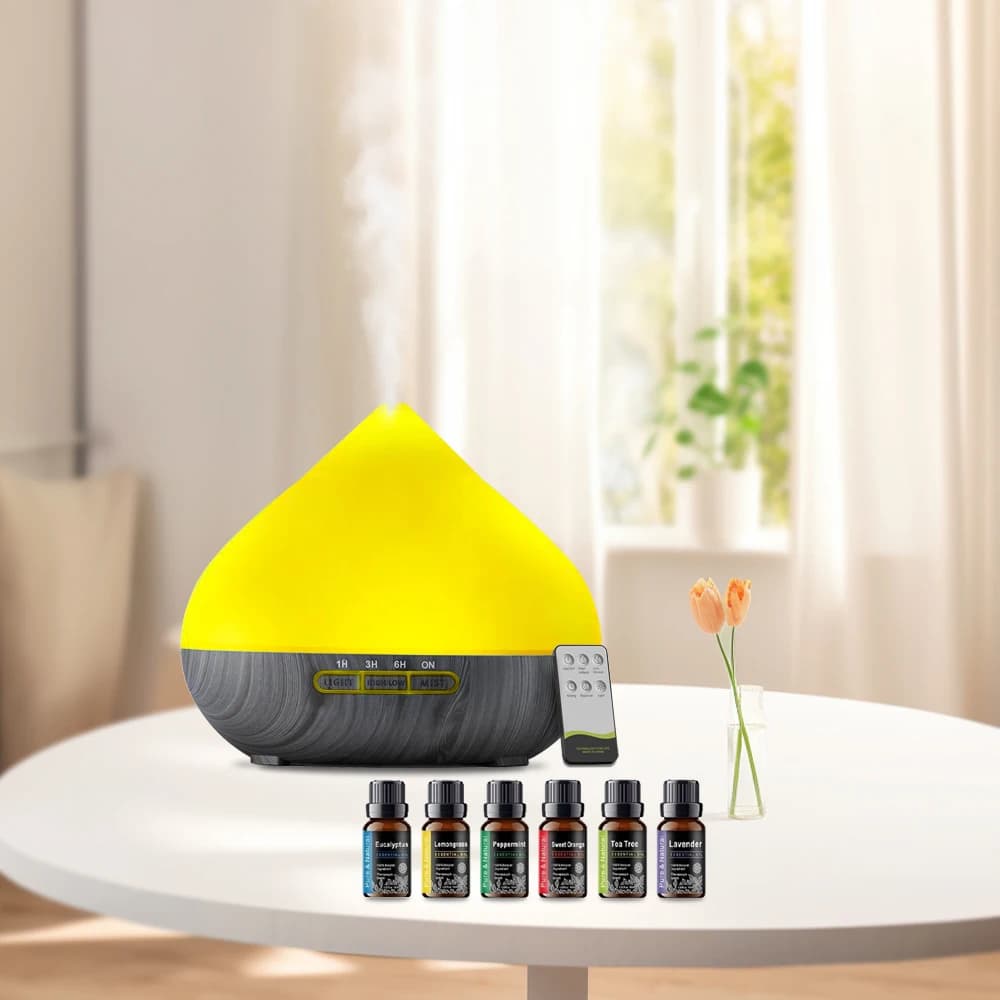 Diffusore per aromaterapia da 500 ml con luci LED remote e lenitive e 6 oli essenziali