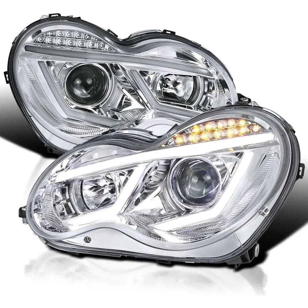 Fari a Proiezione LED Cromati Compatibili con Mercedes-Benz W203 Classe C Berlina 2001-2007, Coppia di Fari Sinistro + Destro