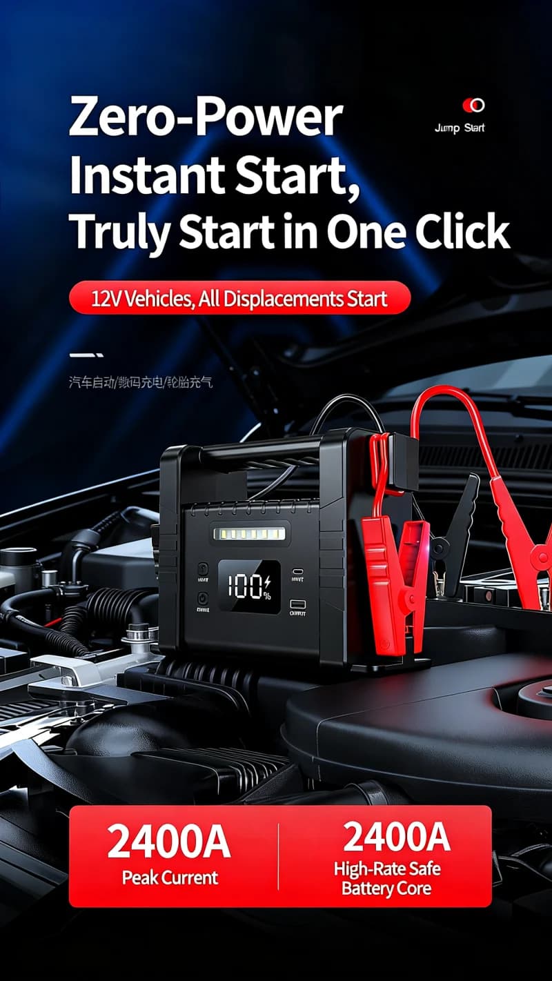 Pompa d'aria per auto con torcia elettrica, power bank portatile, avviamento di emergenza e gonfiatore per pneumatici multifunzione