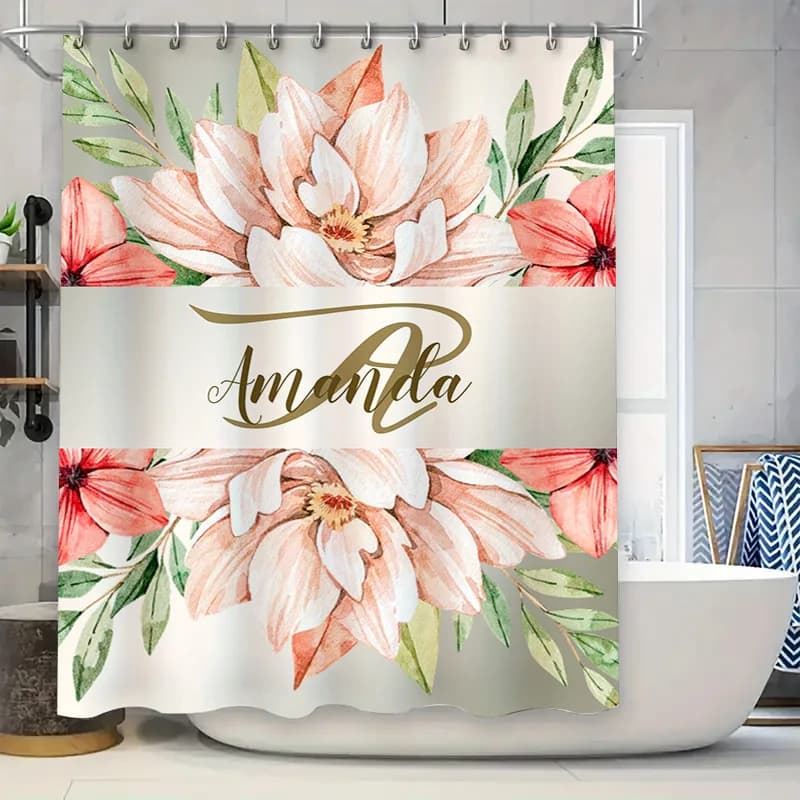 Set di tende da doccia da bagno con nome personalizzato floreale acquerello