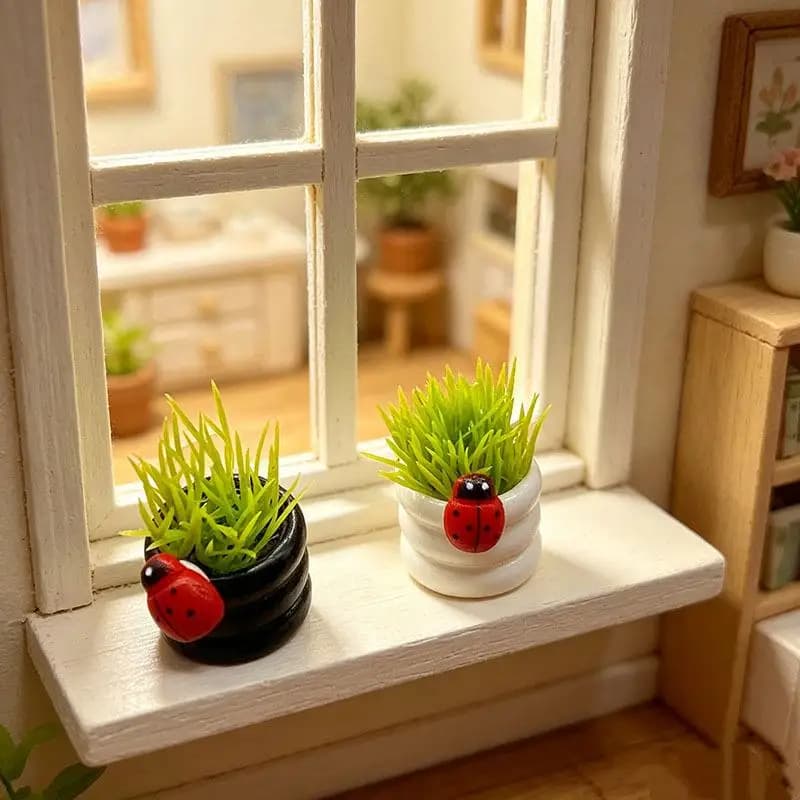 Miniature Potted Plant Ornament With Ladybug 1/12 Dollhouse Plant Potted Model Dollhouse Micro Scene Landscape Decor Photo Props
