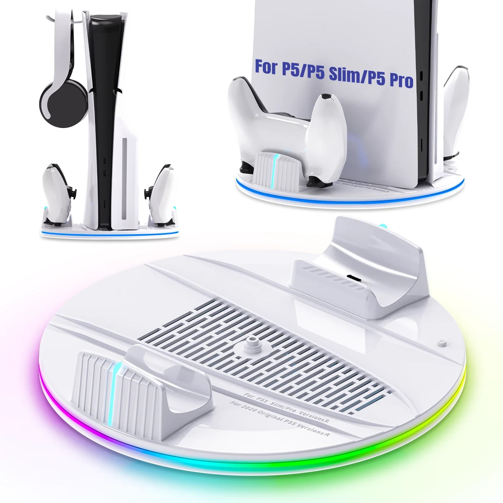 Cooling Stand for PS5/PS5 Slim/PS5 Pro Consoles, Dual-Controller Charger, RGB Ambient Lighting Stand with Headphone Hook
