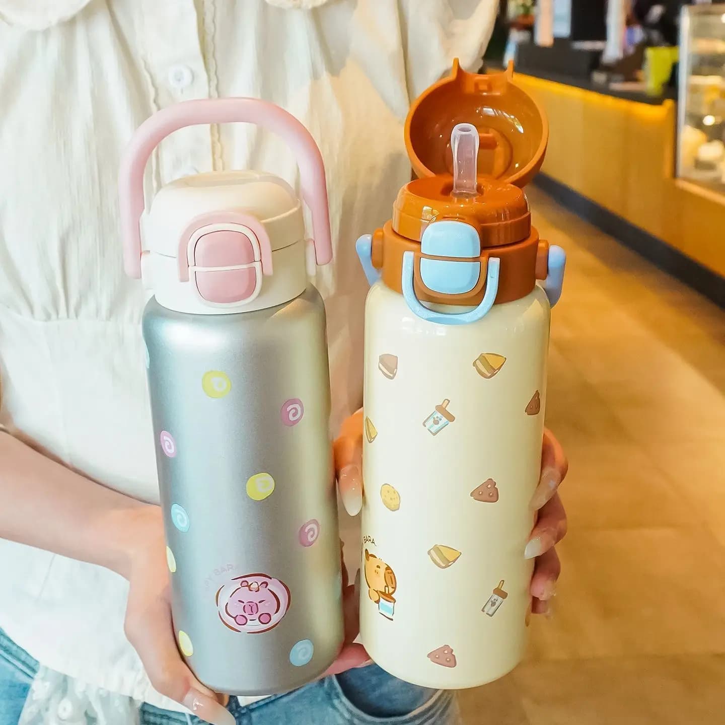 Cartoon Cute capibara Double Drink Lid Children's Straw Water Bottle Students Stainless Steel Vacuum Flask School Water Cup