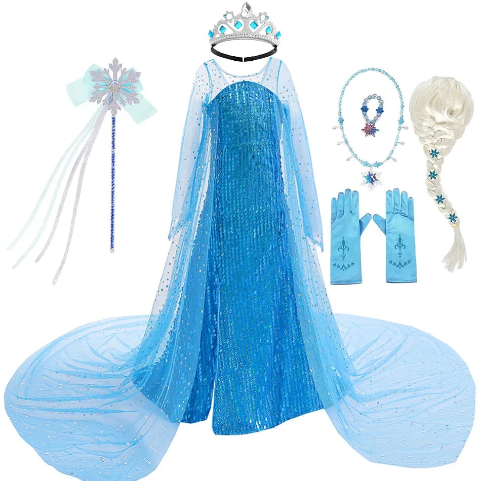 Abito lungo Elsa scintillante per bambini Costume da principessa Snow Queen corpetto completo con paillettes impreziosito da abiti per feste di Natale