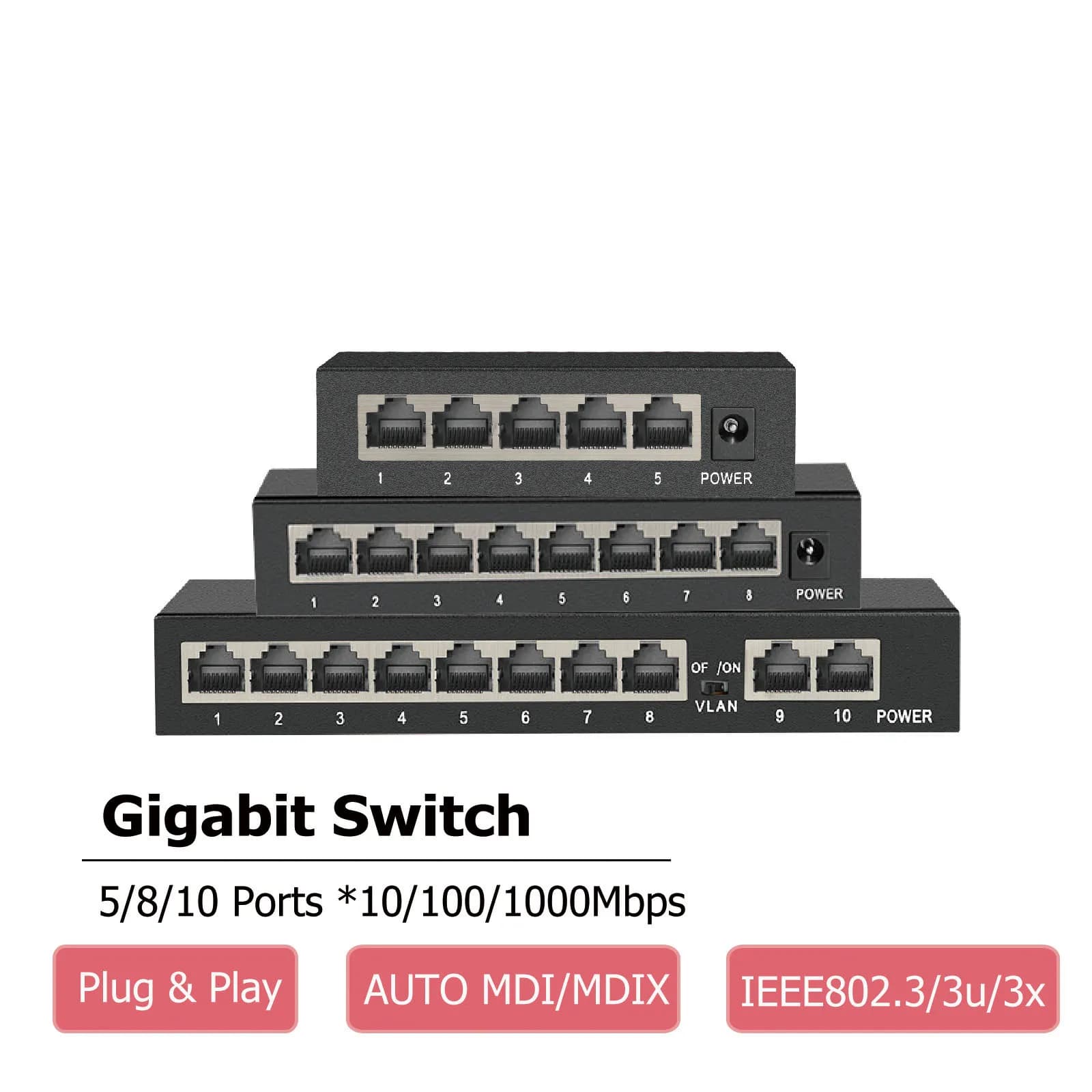 Gigabit IenRon Switch Ethernet 10/8/5 Doors 1000Mbps Network Splitter Non-Power Automatic MDI/MDIX 10 Door Switch for Wifi router